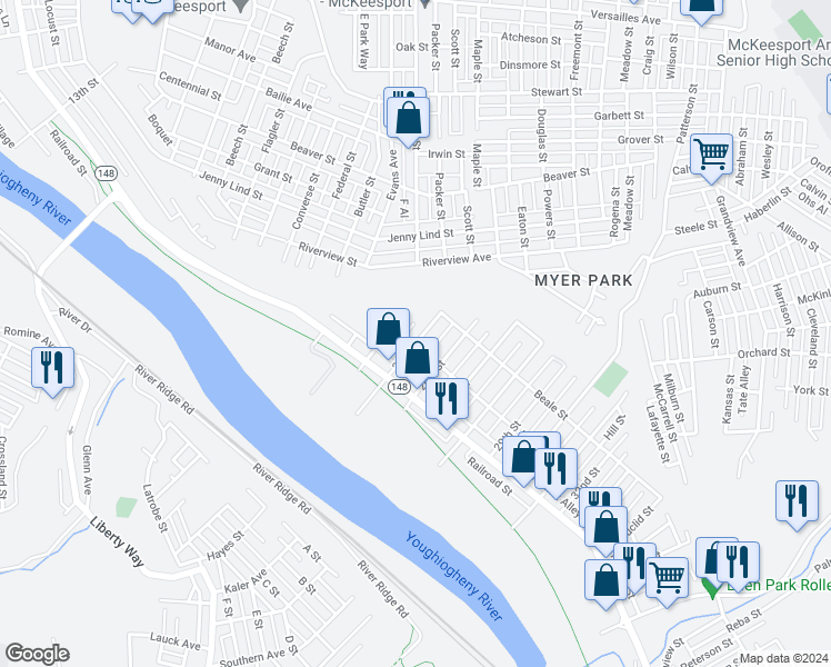 map of restaurants, bars, coffee shops, grocery stores, and more near 427 25th Street in McKeesport