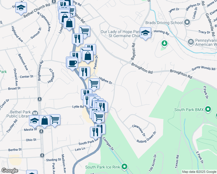 map of restaurants, bars, coffee shops, grocery stores, and more near 7168 Baptist Road in Bethel Park