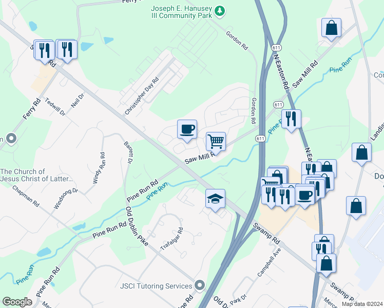 map of restaurants, bars, coffee shops, grocery stores, and more near 3603 Nancy Ward Circle in Doylestown