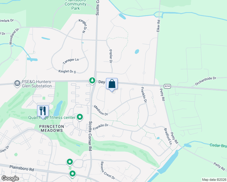 map of restaurants, bars, coffee shops, grocery stores, and more near 17 Adams Court in Plainsboro Township