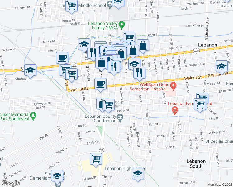 map of restaurants, bars, coffee shops, grocery stores, and more near 230 South 8th Street in Lebanon