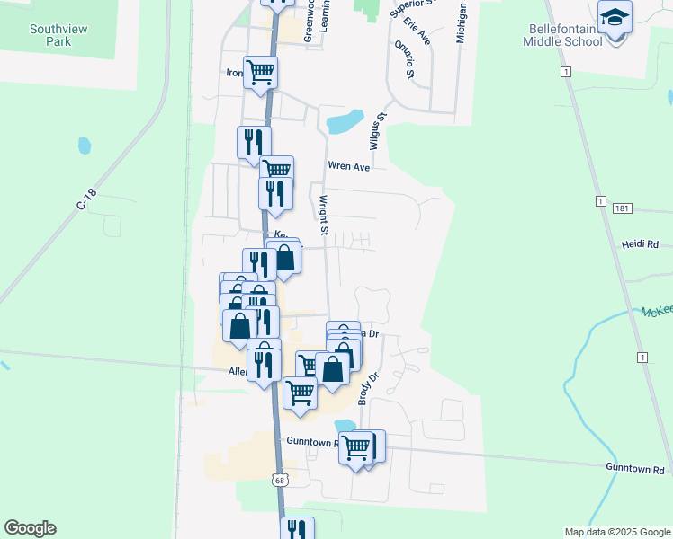 map of restaurants, bars, coffee shops, grocery stores, and more near 1625 Wright Street in Bellefontaine