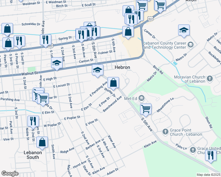 map of restaurants, bars, coffee shops, grocery stores, and more near 612 Shirley Drive in Lebanon