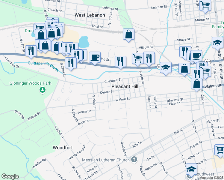 map of restaurants, bars, coffee shops, grocery stores, and more near 1841 Center Street in Lebanon