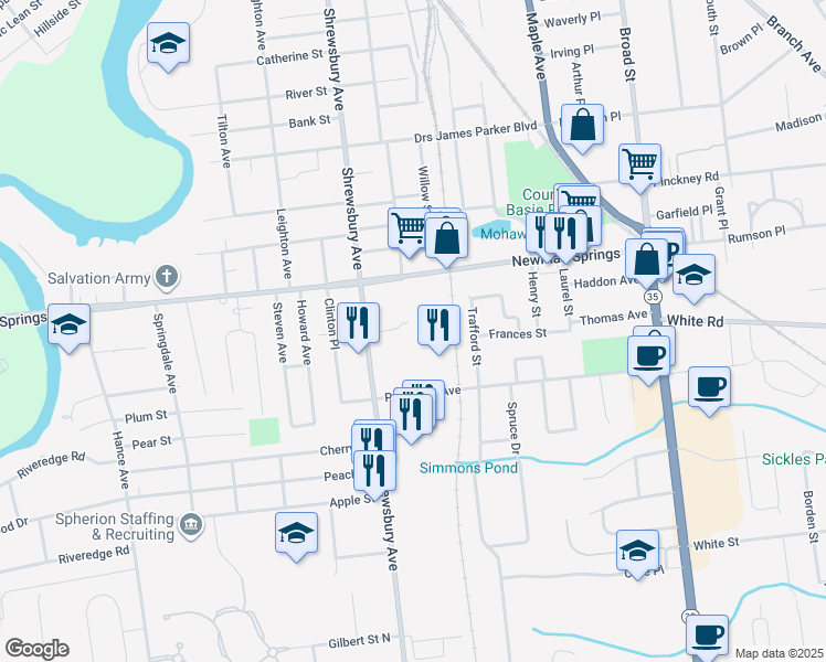 map of restaurants, bars, coffee shops, grocery stores, and more near 179 Newman Springs Road in Shrewsbury