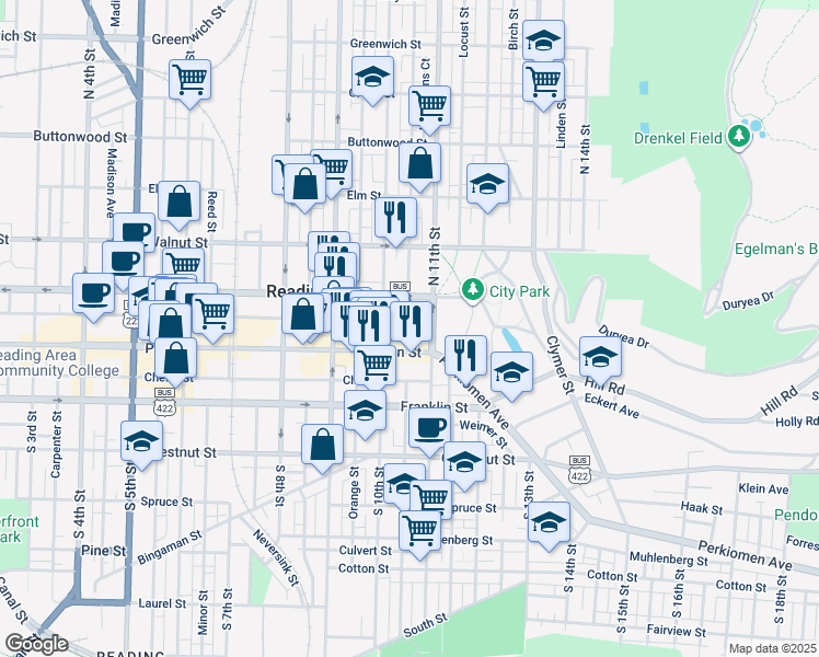map of restaurants, bars, coffee shops, grocery stores, and more near 1032 Court Street in Reading
