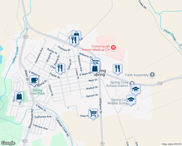 map of restaurants, bars, coffee shops, grocery stores, and more near East Main Street in Roaring Spring