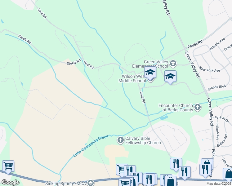 map of restaurants, bars, coffee shops, grocery stores, and more near 51 Chasen Court in Sinking Spring