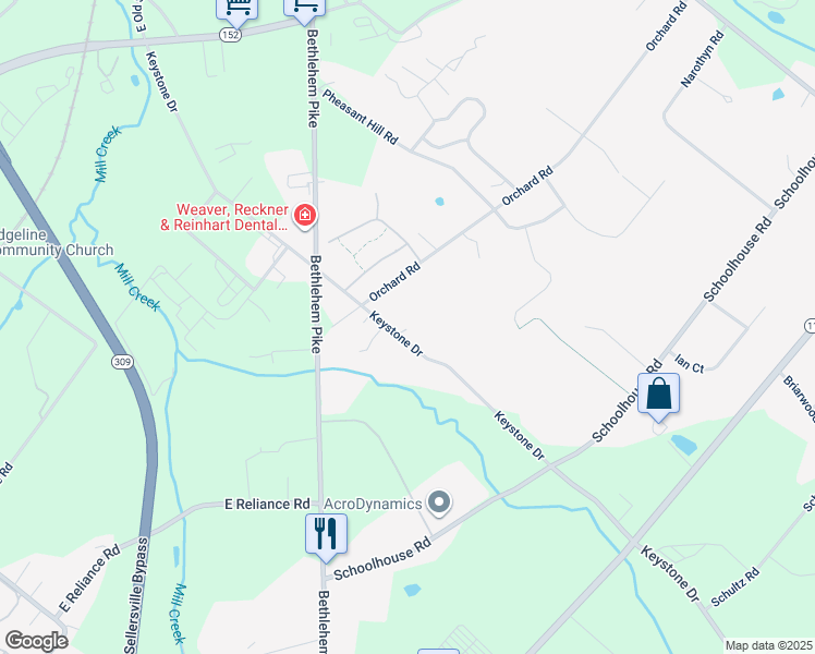 map of restaurants, bars, coffee shops, grocery stores, and more near 521 Keystone Drive in Sellersville