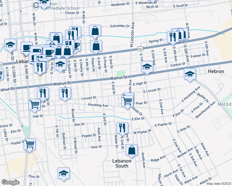map of restaurants, bars, coffee shops, grocery stores, and more near 258 South 2nd Street in Lebanon
