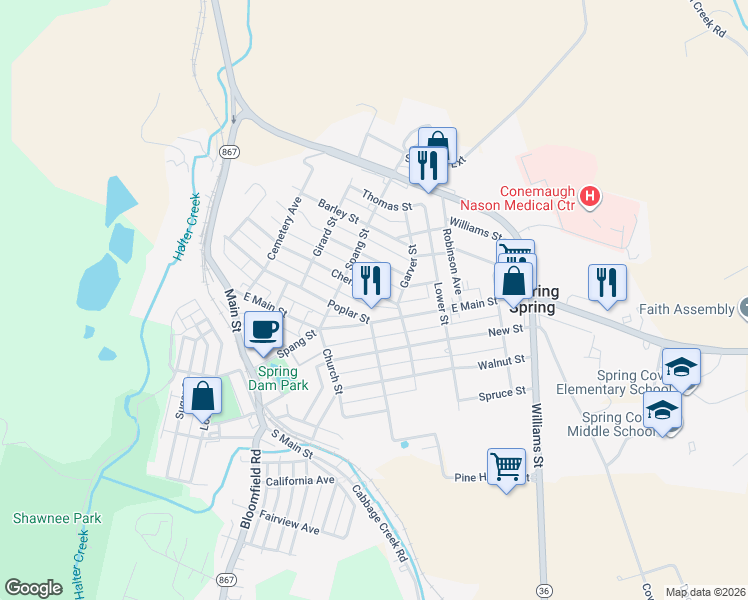 map of restaurants, bars, coffee shops, grocery stores, and more near 529-33 Cherry Street in Roaring Spring