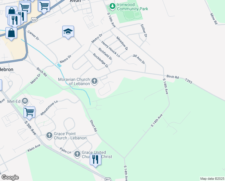 map of restaurants, bars, coffee shops, grocery stores, and more near 121 Hearthstone Lane in Lebanon