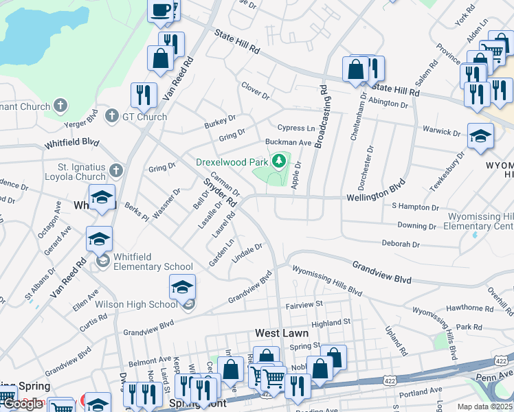map of restaurants, bars, coffee shops, grocery stores, and more near 709 Evergreen Court in Reading
