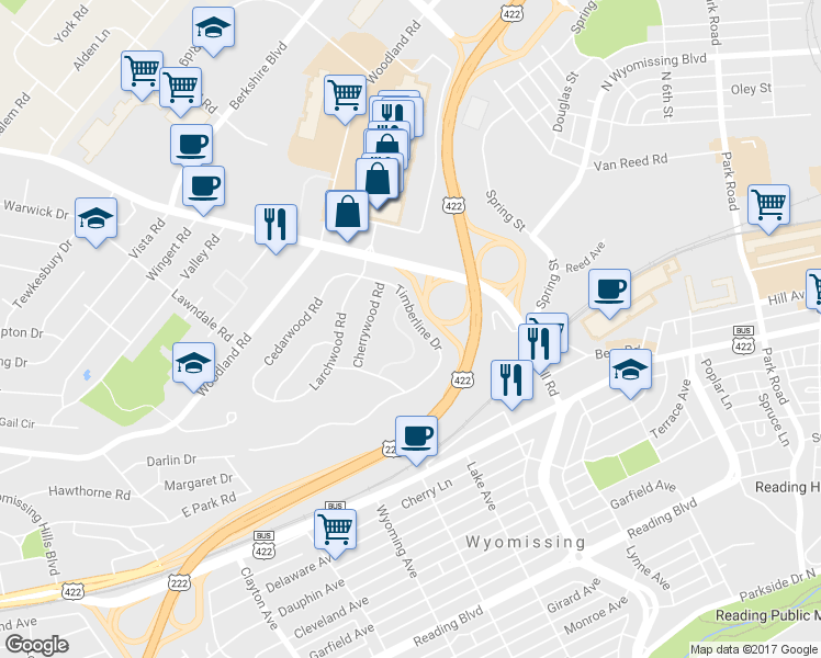 map of restaurants, bars, coffee shops, grocery stores, and more near 100 Leisure Court in Reading