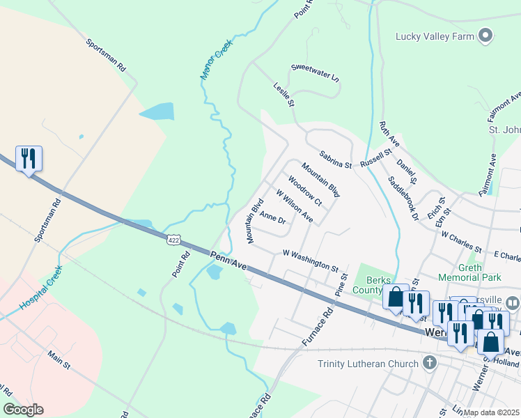 map of restaurants, bars, coffee shops, grocery stores, and more near 239 Mountain Boulevard in Wernersville