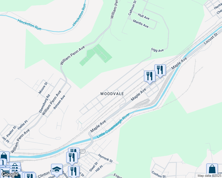 map of restaurants, bars, coffee shops, grocery stores, and more near 401-413 Figg St in Johnstown