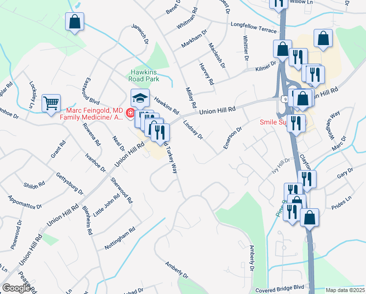 map of restaurants, bars, coffee shops, grocery stores, and more near 6 Oldwyck Court in Manalapan Township