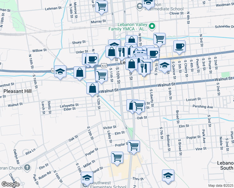 map of restaurants, bars, coffee shops, grocery stores, and more near 135 South 10th Street in Lebanon