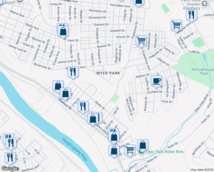 map of restaurants, bars, coffee shops, grocery stores, and more near 2133 Duquesne Avenue in McKeesport