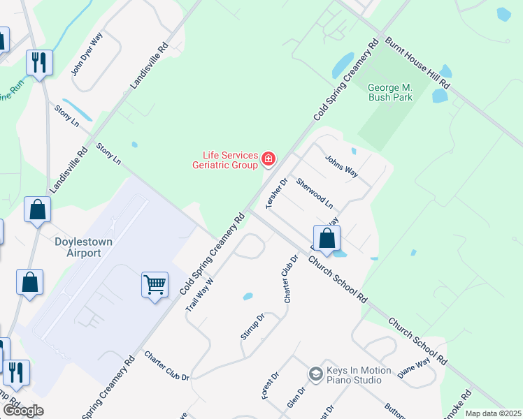 map of restaurants, bars, coffee shops, grocery stores, and more near 4152 Tersher Drive in Doylestown