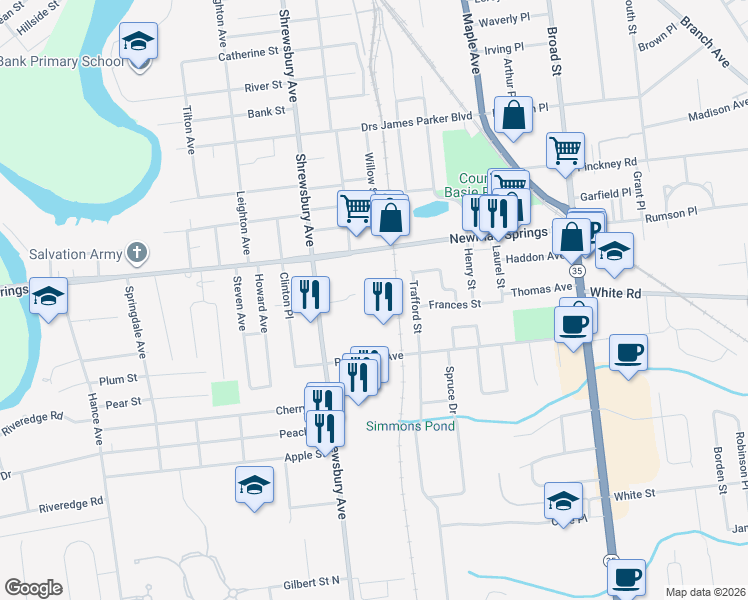 map of restaurants, bars, coffee shops, grocery stores, and more near 330 Princeton Court in Shrewsbury