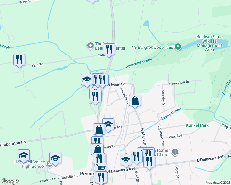 map of restaurants, bars, coffee shops, grocery stores, and more near 40 Knowles Street in Pennington