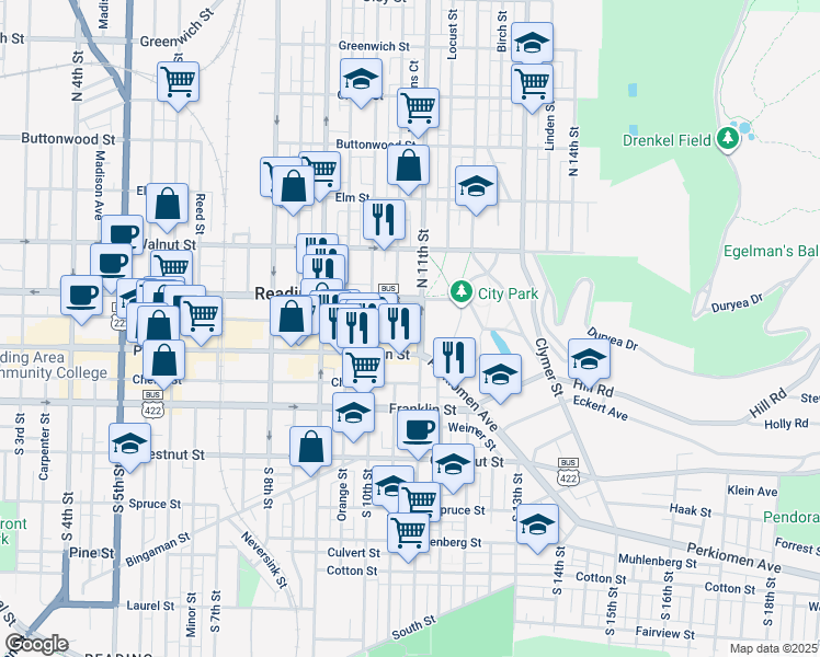 map of restaurants, bars, coffee shops, grocery stores, and more near 1046 Court Street in Reading