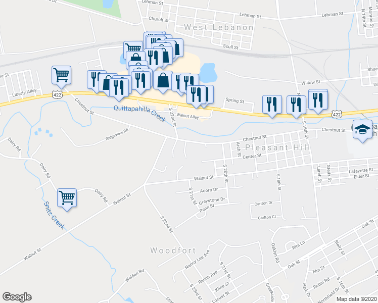 map of restaurants, bars, coffee shops, grocery stores, and more near 122 Village Court in Lebanon