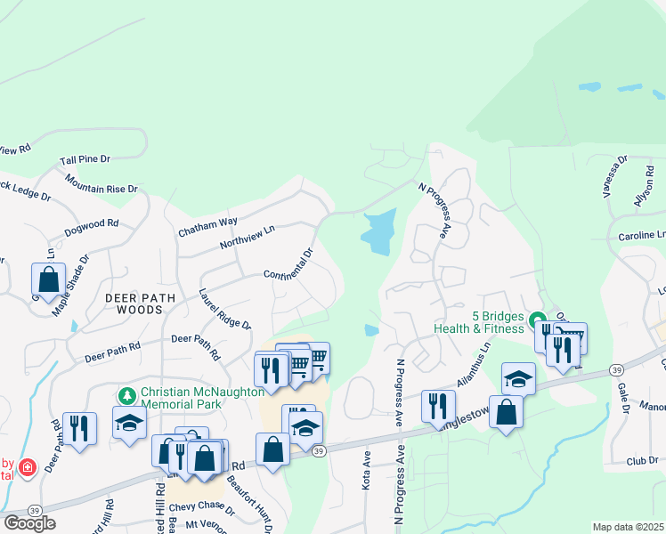 map of restaurants, bars, coffee shops, grocery stores, and more near 2403 Newtown Drive in Harrisburg