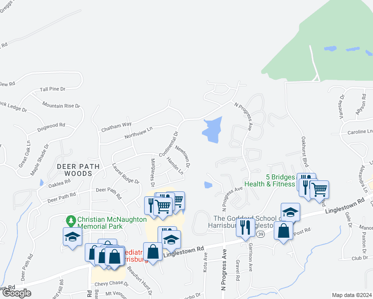 map of restaurants, bars, coffee shops, grocery stores, and more near 2405 Newtown Drive in Harrisburg