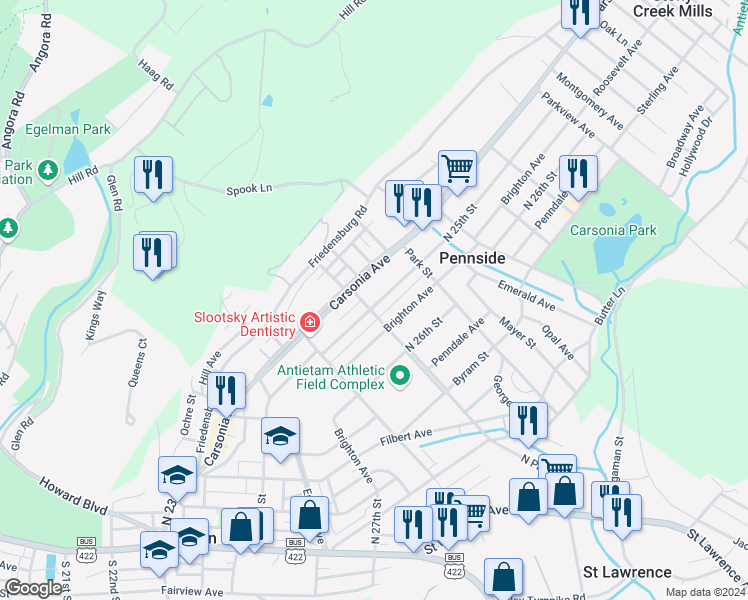 map of restaurants, bars, coffee shops, grocery stores, and more near 604 North 25th Street in Reading