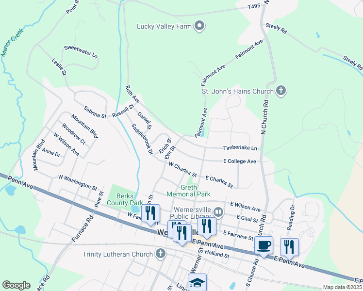map of restaurants, bars, coffee shops, grocery stores, and more near 81 West College Avenue in Wernersville