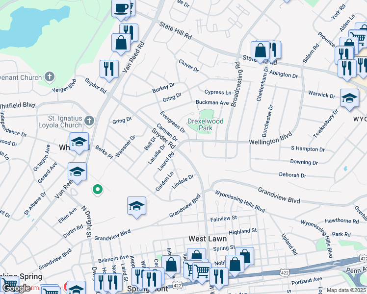 map of restaurants, bars, coffee shops, grocery stores, and more near 2202 Wellington Boulevard in Reading