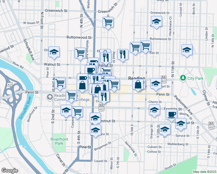map of restaurants, bars, coffee shops, grocery stores, and more near 33 South 6th Street in Reading