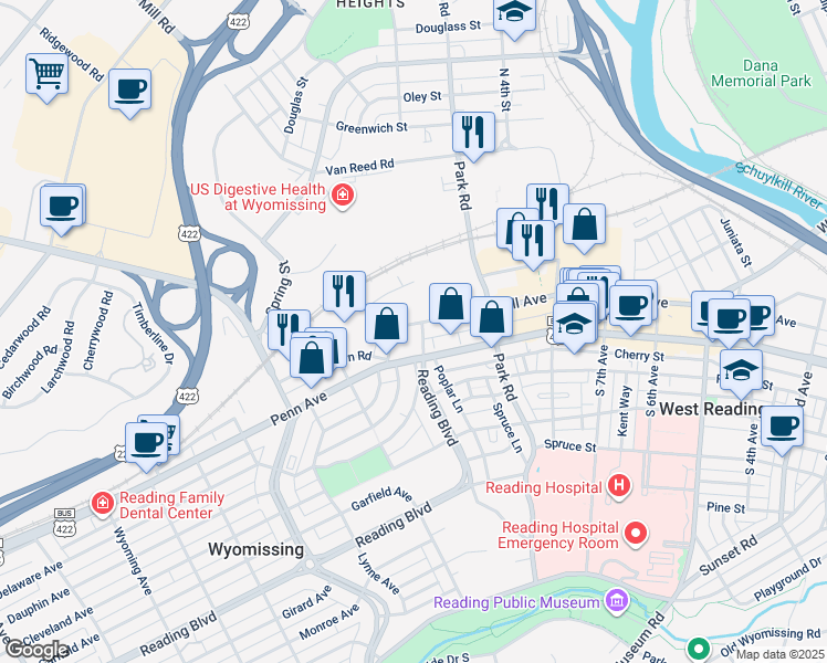 map of restaurants, bars, coffee shops, grocery stores, and more near 24 Reading Avenue in Wyomissing