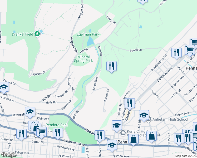 map of restaurants, bars, coffee shops, grocery stores, and more near 2101 Kings Way in Reading