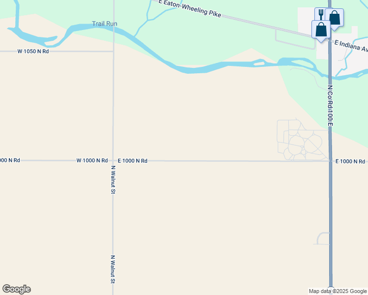 map of restaurants, bars, coffee shops, grocery stores, and more near 620 East 1000 North Road in Eaton