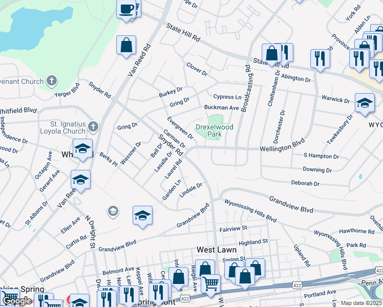 map of restaurants, bars, coffee shops, grocery stores, and more near 801 Evergreen Drive in Wyomissing