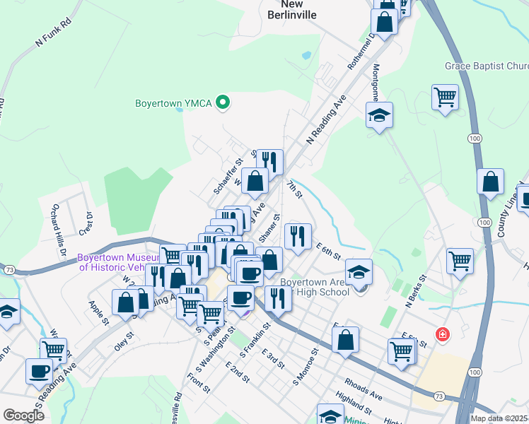 map of restaurants, bars, coffee shops, grocery stores, and more near 200 North Reading Avenue in Boyertown