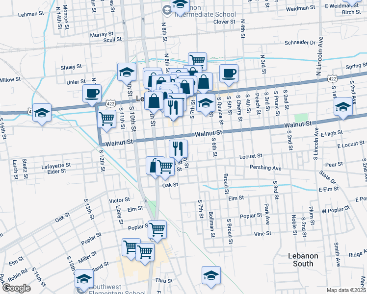 map of restaurants, bars, coffee shops, grocery stores, and more near 724 Union Street in Lebanon