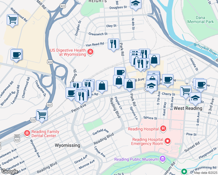 map of restaurants, bars, coffee shops, grocery stores, and more near 24 Reading Avenue in Wyomissing