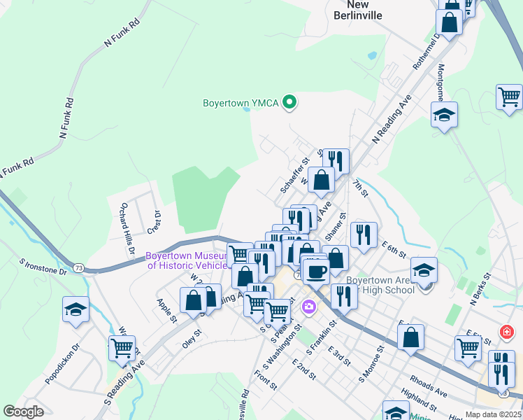 map of restaurants, bars, coffee shops, grocery stores, and more near 120 West 5th Street in Boyertown