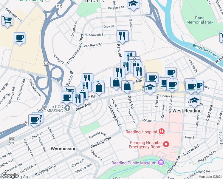 map of restaurants, bars, coffee shops, grocery stores, and more near 945 Hill Avenue in Wyomissing