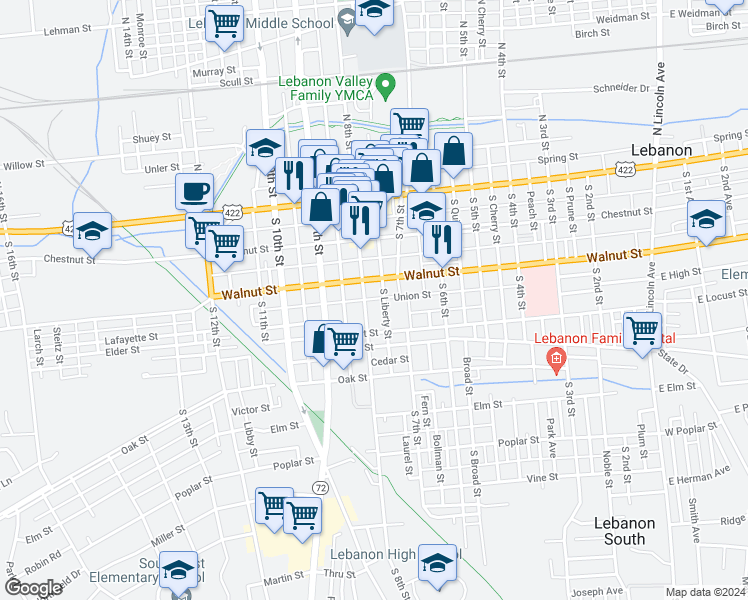 map of restaurants, bars, coffee shops, grocery stores, and more near 730 Walnut Street in Lebanon