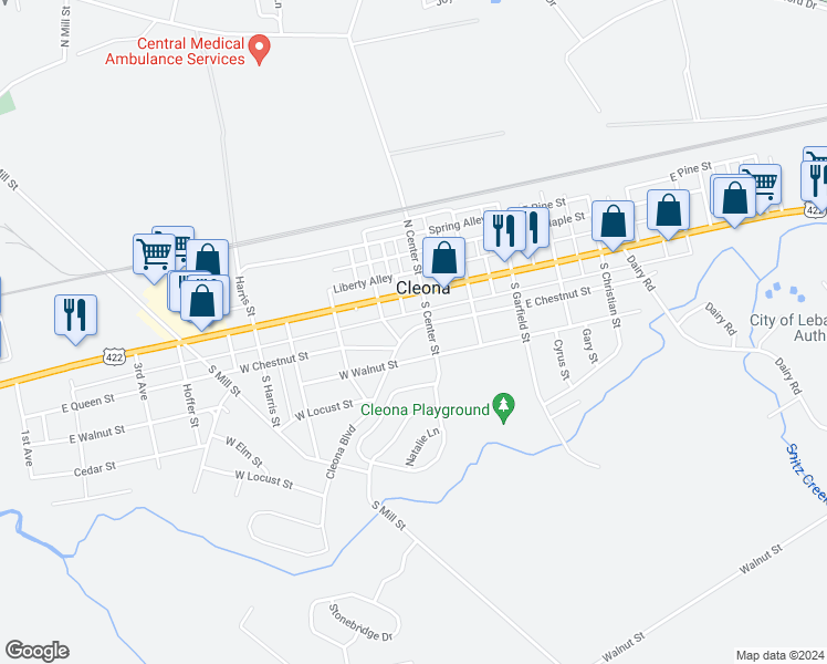 map of restaurants, bars, coffee shops, grocery stores, and more near 17 West Chestnut Street in Cleona