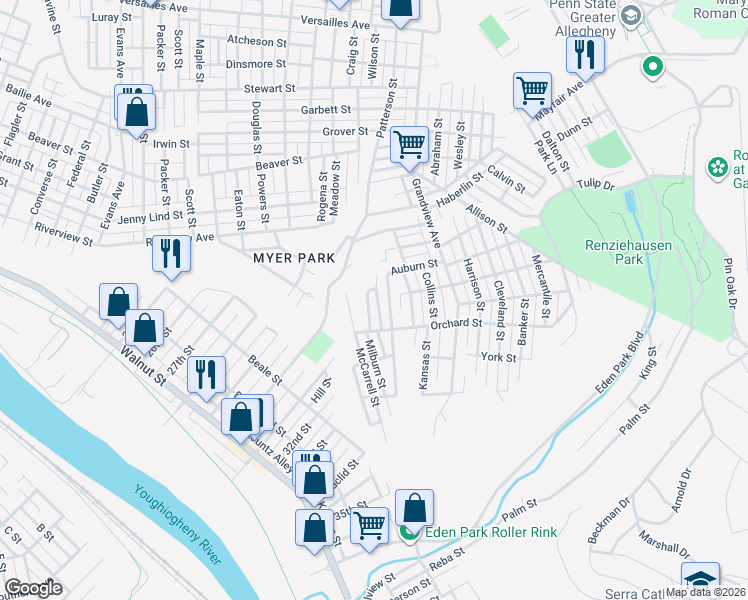 map of restaurants, bars, coffee shops, grocery stores, and more near 2315 Milburn Street in McKeesport