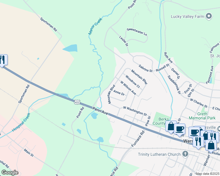 map of restaurants, bars, coffee shops, grocery stores, and more near 214 Mountain Boulevard in Wernersville