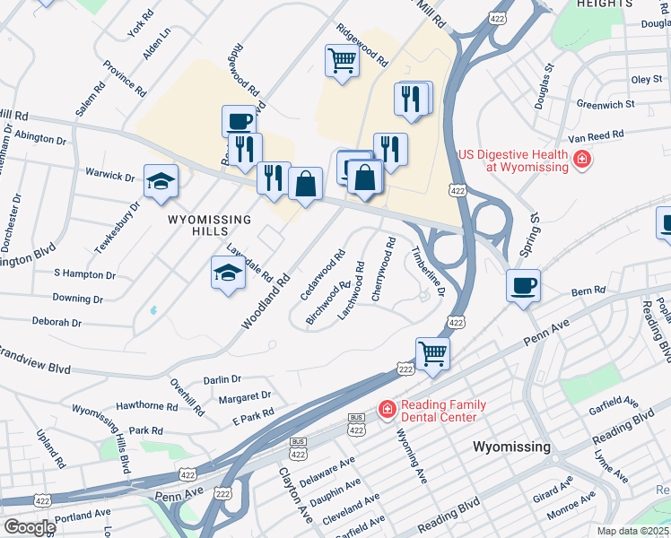 map of restaurants, bars, coffee shops, grocery stores, and more near 20 Cedarwood Road in Wyomissing