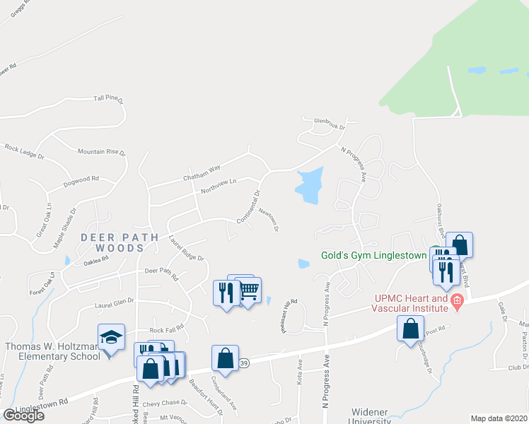 map of restaurants, bars, coffee shops, grocery stores, and more near 2441 Newtown Drive in Harrisburg