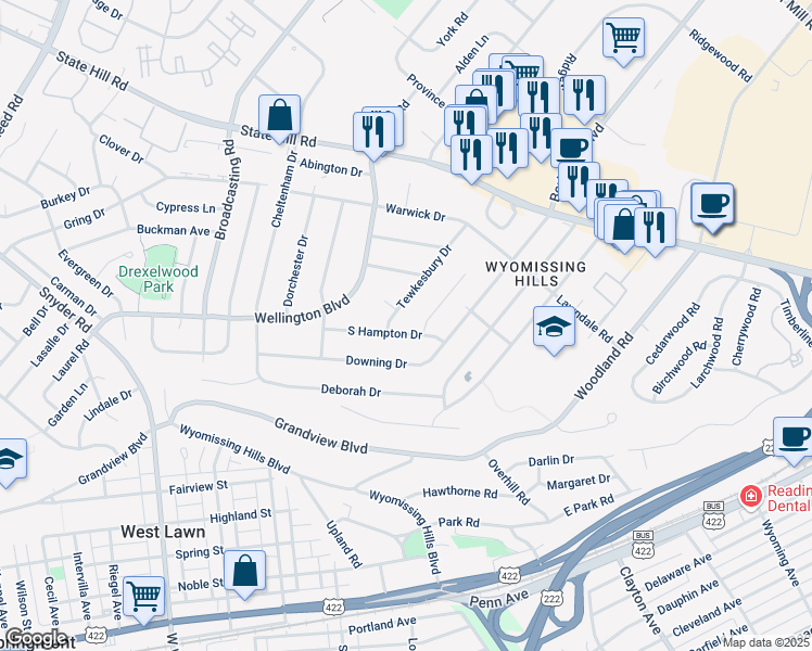 map of restaurants, bars, coffee shops, grocery stores, and more near 22 Tewkesbury Drive in Wyomissing